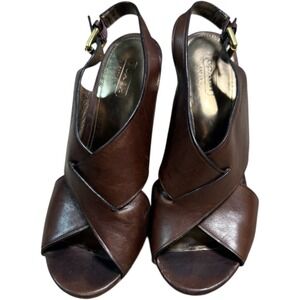 Coach Jamila Wedge Sandals Brown Leather Open‎ Toe Heels Size 8.5B